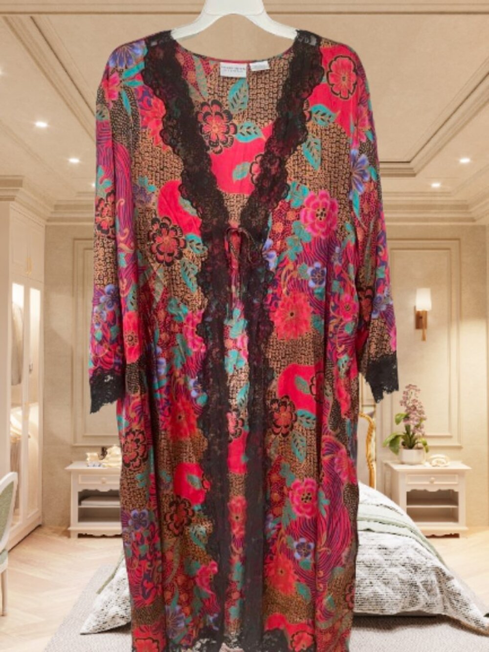 Jaclyn Smith Sleepwear Floral Lace Trim Long Robe | Plus Size 3X | Boho Vintage